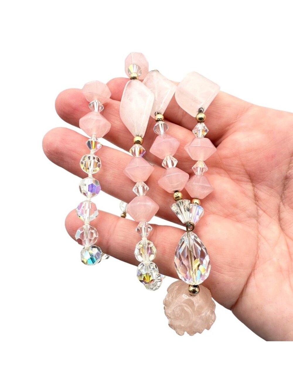 Womens Necklace 14k Gold Pink Carved Rose Quartz and Crystal 32 Inch